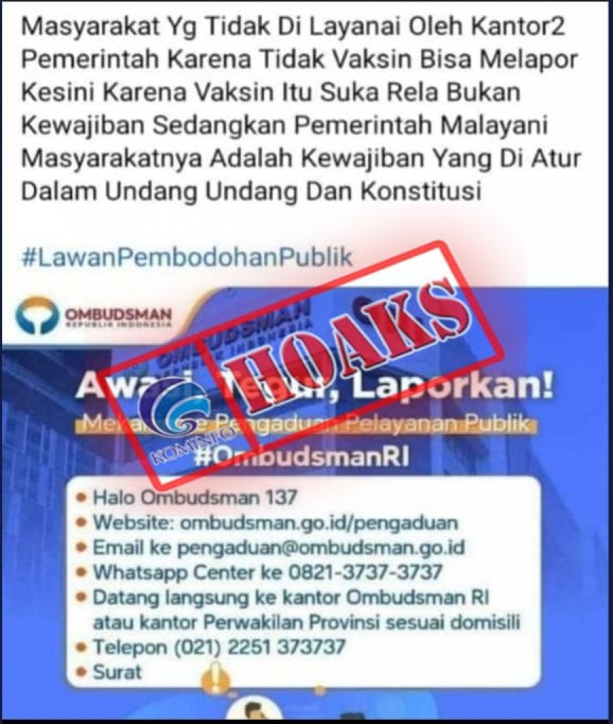 [HOAKS] Pernyataan Negatif Terkait Vaksinasi oleh Ombudsman Republik Indonesia